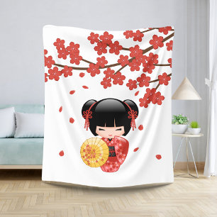 Red Sakura Kokeshi Doll - Cute Geisha Girl Sherpa Blanket