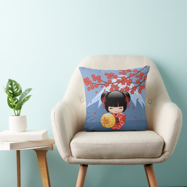 Red Sakura Kokeshi Doll - Cute Geisha Girl Throw Pillow (Chair)