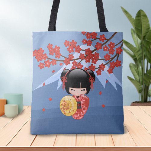 Red Sakura Kokeshi Doll _ Cute Geisha Girl Tote Bag