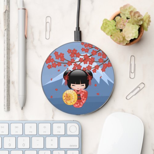 Red Sakura Kokeshi Doll _ Cute Geisha Girl Wireless Charger