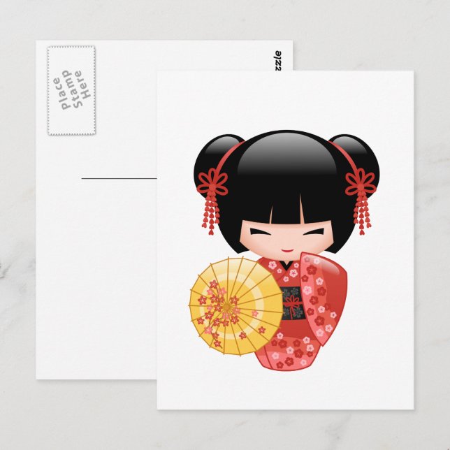 Red Sakura Kokeshi Doll - Cute Geisha Postcard (Front/Back)