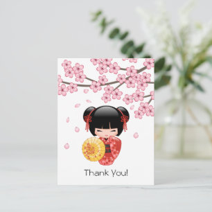 Red Sakura Kokeshi Doll - Cute Geisha Thank You Postcard