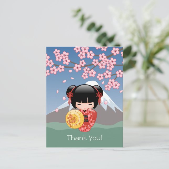 Red Sakura Kokeshi Doll - Cute Geisha Thank You Postcard (Standing Front)
