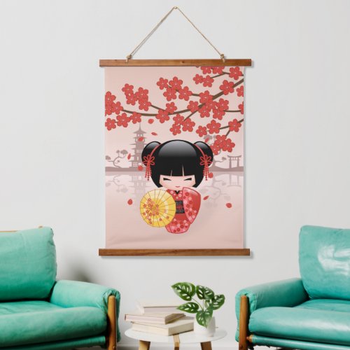 Red Sakura Kokeshi Doll _ Cute Japanese Geisha Hanging Tapestry