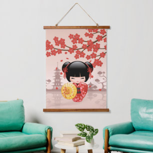Red Sakura Kokeshi Doll - Cute Japanese Geisha Hanging Tapestry