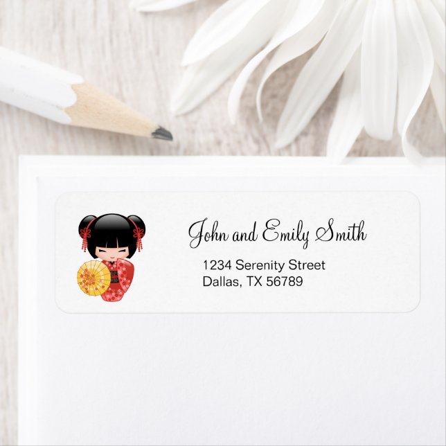 Red Sakura Kokeshi Doll - Cute Japanese Geisha Label (Insitu)