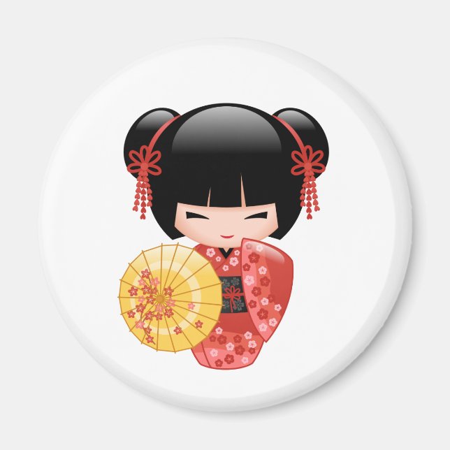 Red Sakura Kokeshi Doll - Cute Japanese Geisha Magnet (Front)
