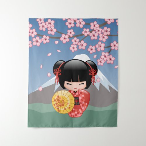 Red Sakura Kokeshi Doll _ Cute Japanese Geisha Tapestry