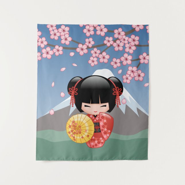 Red Sakura Kokeshi Doll - Cute Japanese Geisha Tapestry (Front)