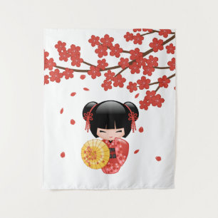 Red Sakura Kokeshi Doll - Cute Japanese Geisha Tapestry