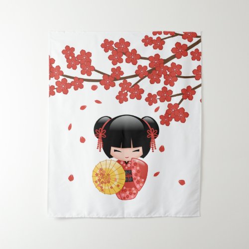 Red Sakura Kokeshi Doll _ Cute Japanese Geisha Tapestry