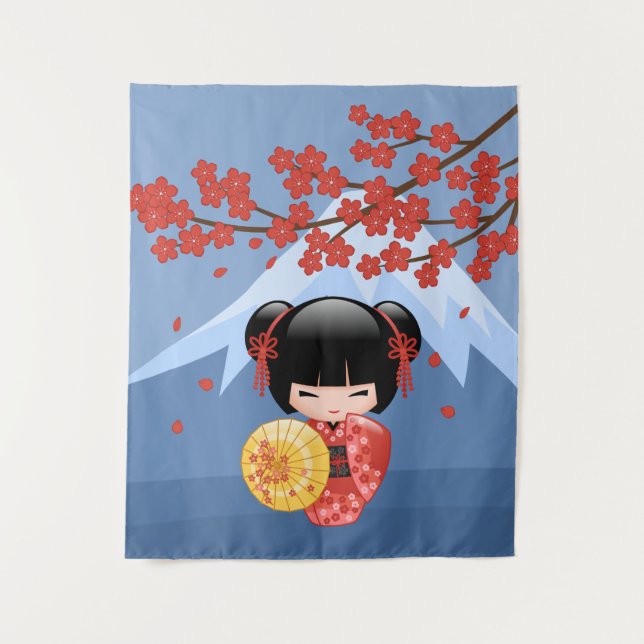 Red Sakura Kokeshi Doll - Cute Japanese Geisha Tapestry (Front)