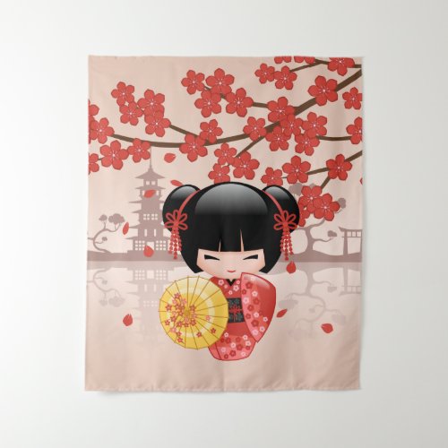 Red Sakura Kokeshi Doll _ Cute Japanese Geisha Tapestry