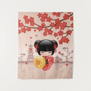 Red Sakura Kokeshi Doll - Cute Japanese Geisha Tapestry