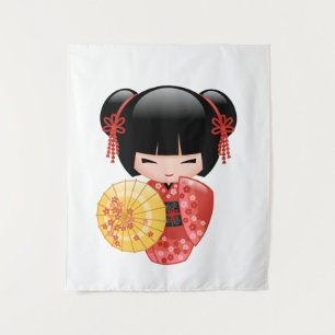 Red Sakura Kokeshi Doll - Cute Japanese Geisha Tapestry