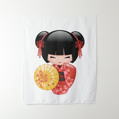 Red Sakura Kokeshi Doll _ Cute Japanese Geisha Tapestry