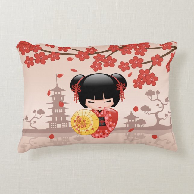 Red Sakura Kokeshi Doll - Japanese Geisha Accent Pillow (Front)