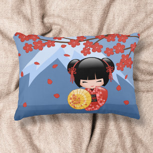 Red Sakura Kokeshi Doll - Japanese Geisha Accent Pillow