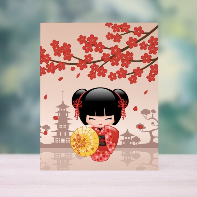 Red Sakura Kokeshi Doll - Japanese Geisha Acrylic Sign (Neutral)