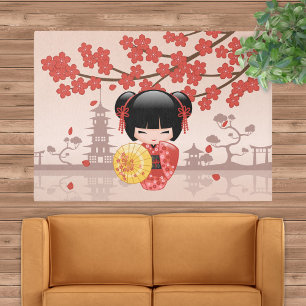 Red Sakura Kokeshi Doll Japanese Geisha Beige Rug