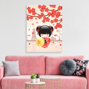 Red Sakura Kokeshi Doll - Japanese Geisha Canvas Print