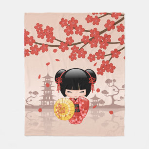 Red Sakura Kokeshi Doll - Japanese Geisha Fleece Blanket