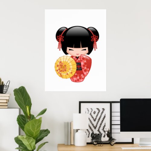 Red Sakura Kokeshi Doll _ Japanese Geisha Girl Poster