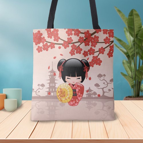 Red Sakura Kokeshi Doll _ Japanese Geisha Girl Tote Bag