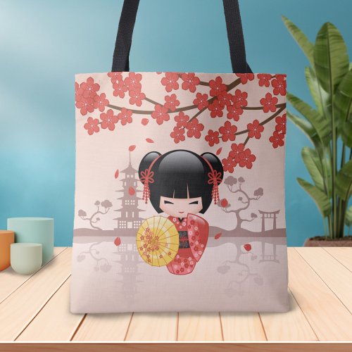 Red Sakura Kokeshi Doll _ Japanese Geisha Girl Tote Bag