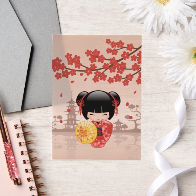 Red Sakura Kokeshi Doll Japanese Geisha Insert Vellum Invitations (Wedding)