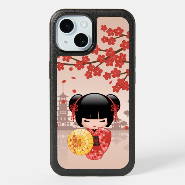 Red Sakura Kokeshi Doll - Japanese Geisha iPhone 15 Case (Back)
