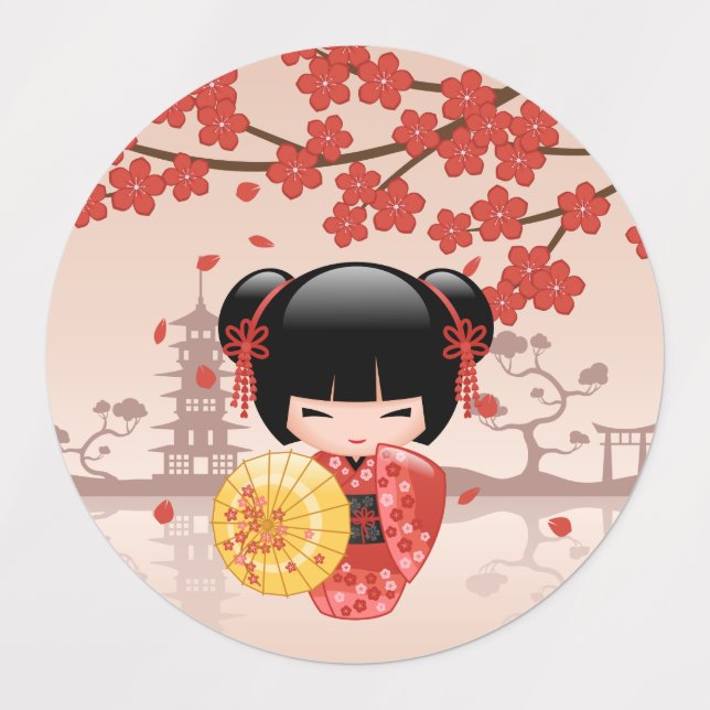 Red Sakura Kokeshi Doll - Japanese Geisha Kids' Labels (Design 1)