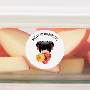 Red Sakura Kokeshi Doll - Japanese Geisha Kids' Labels