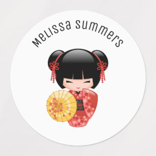 Red Sakura Kokeshi Doll - Japanese Geisha Kids' Labels