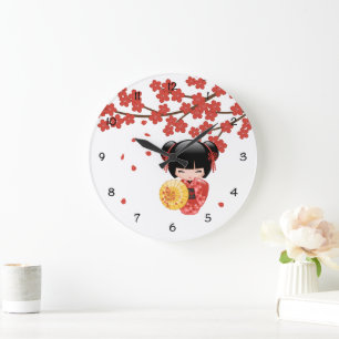 Red Sakura Kokeshi Doll - Japanese Geisha Large Clock