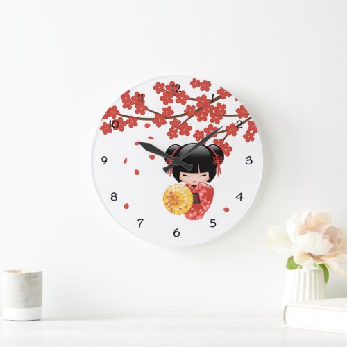 Red Sakura Kokeshi Doll _ Japanese Geisha Large Clock