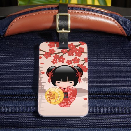 Red Sakura Kokeshi Doll - Japanese Geisha Luggage Tag