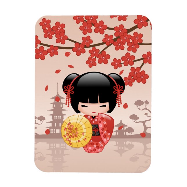 Red Sakura Kokeshi Doll - Japanese Geisha Magnet (Vertical)