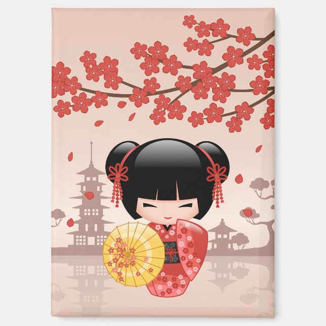 Red Sakura Kokeshi Doll - Japanese Geisha Magnet (Front)