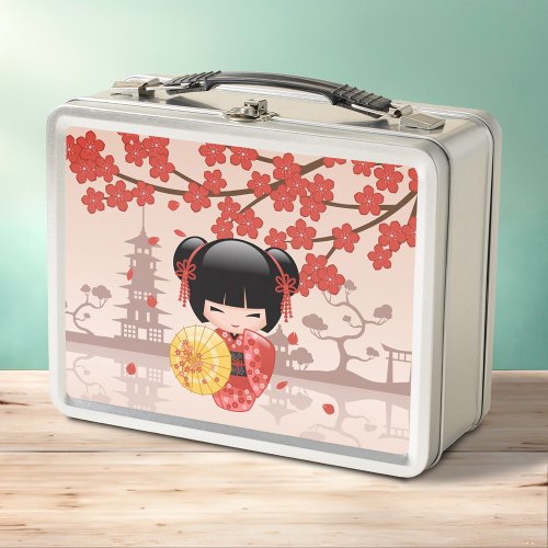 Red Sakura Kokeshi Doll _ Japanese Geisha Metal Lunch Box