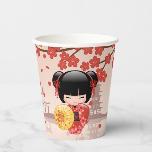 Red Sakura Kokeshi Doll _ Japanese Geisha Paper Cups