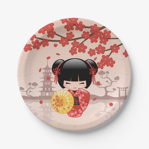 Red Sakura Kokeshi Doll _ Japanese Geisha Paper Plates