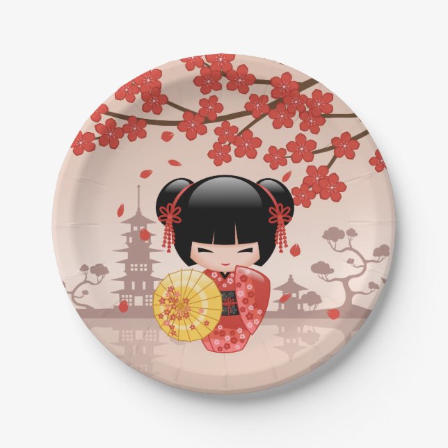 Red Sakura Kokeshi Doll - Japanese Geisha Paper Plates (Front)