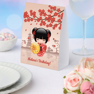 Red Sakura Kokeshi Doll Japanese Geisha Paper Table Tent