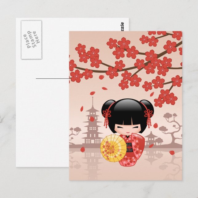 Red Sakura Kokeshi Doll - Japanese Geisha Postcard (Front/Back)