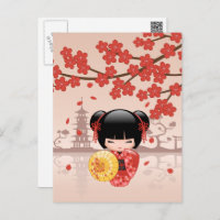 Red Sakura Kokeshi Doll - Cute Geisha Postcard, Zazzle