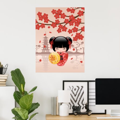 Red Sakura Kokeshi Doll _ Japanese Geisha Poster