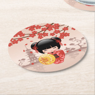 Red Sakura Kokeshi Doll - Japanese Geisha Round Paper Coaster