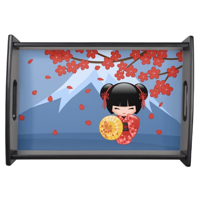 Red Sakura Kokeshi Doll - Japanese Geisha Serving Tray (Front)