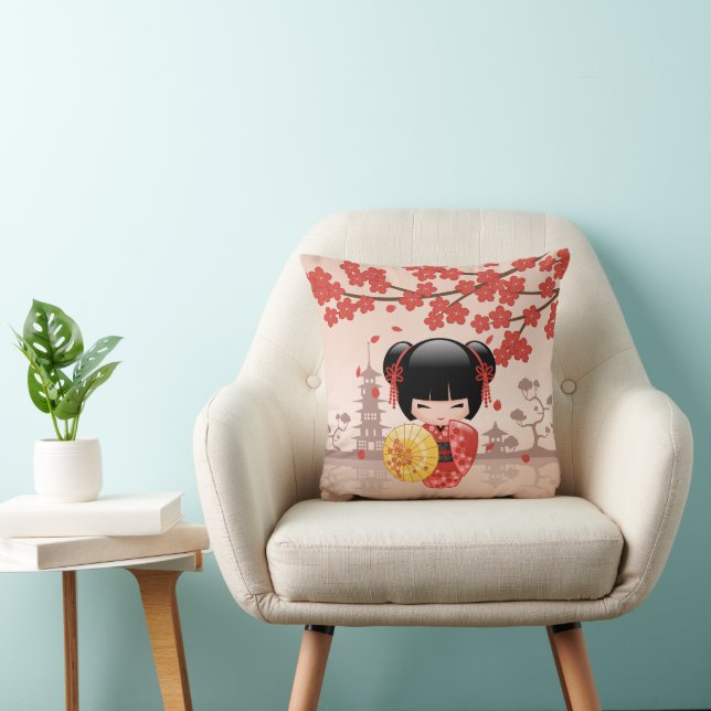 Red Sakura Kokeshi Doll - Japanese Geisha Throw Pillow (Chair)